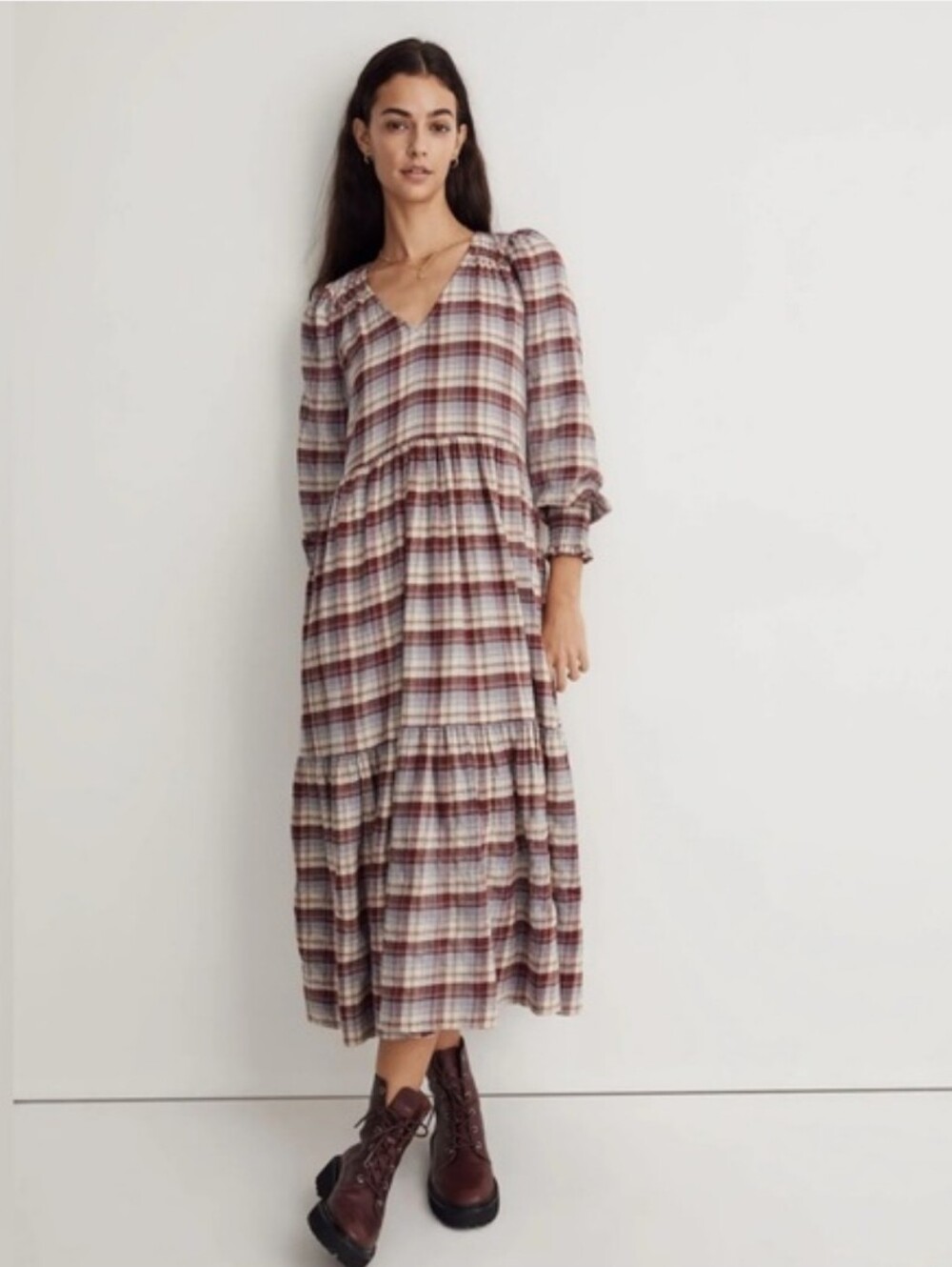 Madewell Plaid Maxi Dress in Cream, Red, Brown